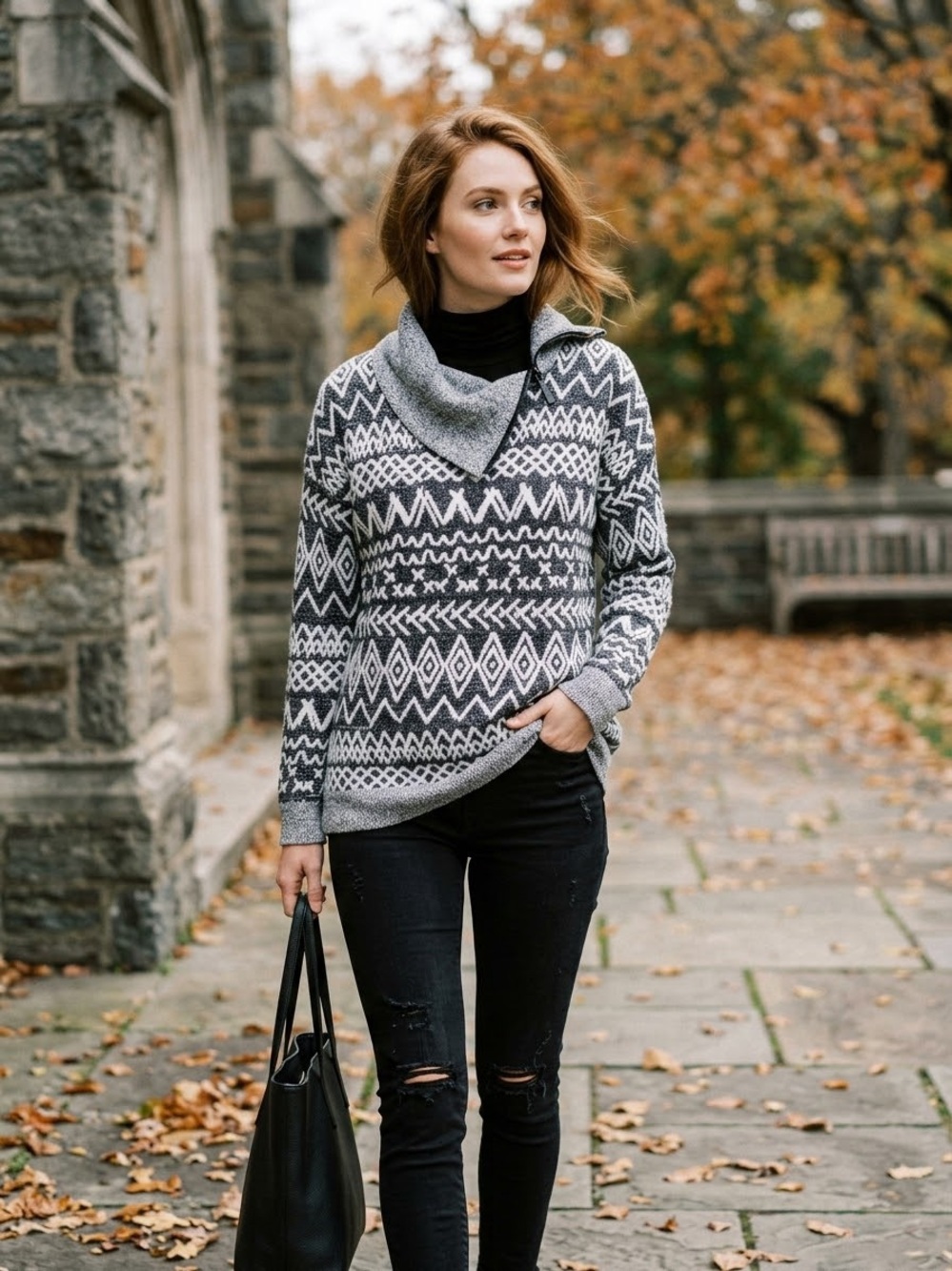TRIBAL Geometric Print Asymmetric Zip Cowl Neck Sweater Gray Black L